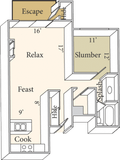 Floor plan for 1 bed, 1 bath, 775 sqft